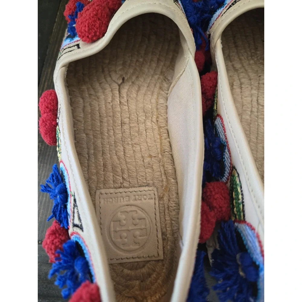 TORY BURCH Ellis‎ Pom-pom Embroidered Leather Textile Espadrille Flats 7.5 Shoes